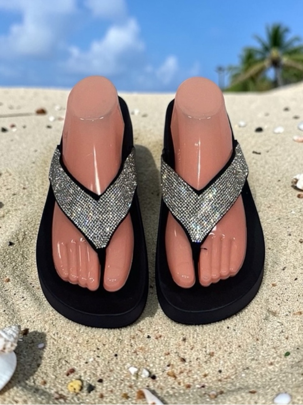 Black Rhinestone V-Strip Flip Flop Sandals